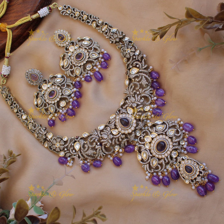 Grand intricate Floral peacock design Victorian AD long necklace with baby pink beads and stones - Sparkle and Glow - Purple - Back Thread