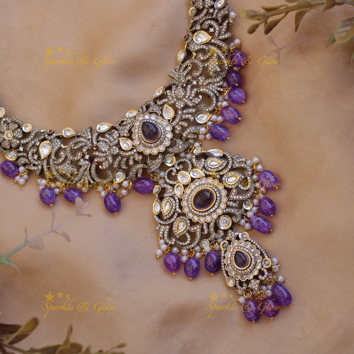 Grand intricate Floral peacock design Victorian AD long necklace with baby pink beads and stones - Sparkle and Glow - Purple - Back Thread