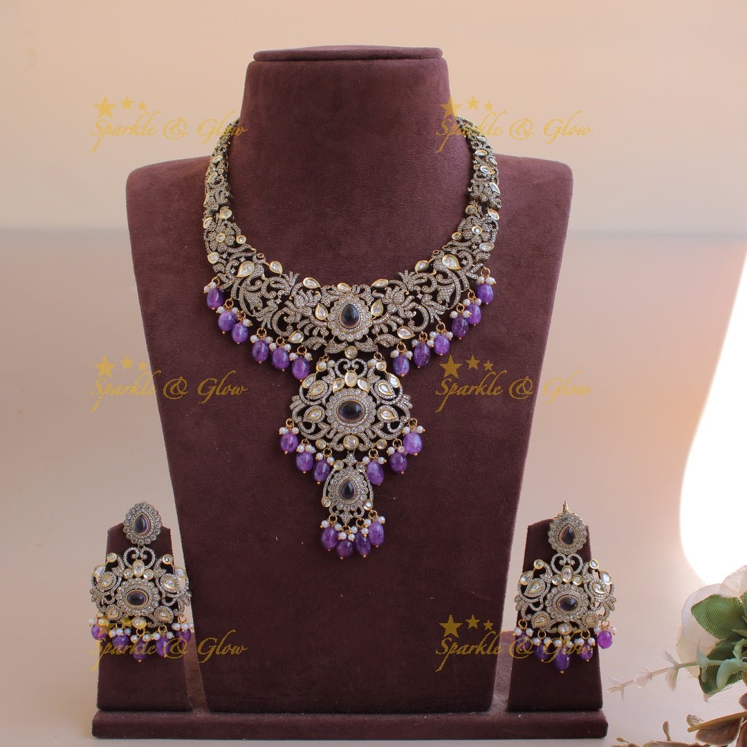 Grand intricate Floral peacock design Victorian AD long necklace with baby pink beads and stones - Sparkle and Glow - Maroon - Back Thread