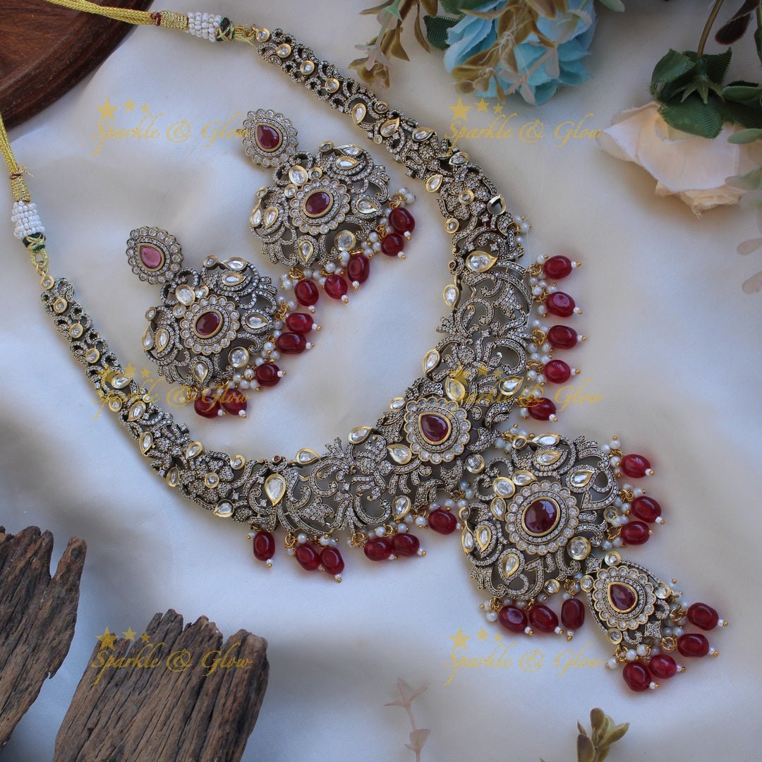 Grand intricate Floral peacock design Victorian AD long necklace with baby pink beads and stones - Sparkle and Glow - Purple - Back Thread