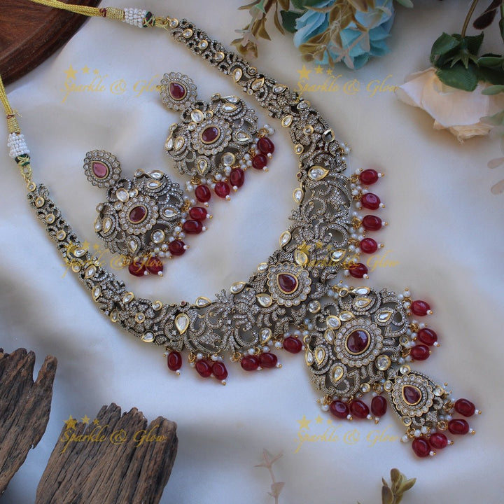 Grand intricate Floral peacock design Victorian AD long necklace with baby pink beads and stones - Sparkle and Glow - Purple - Back Thread