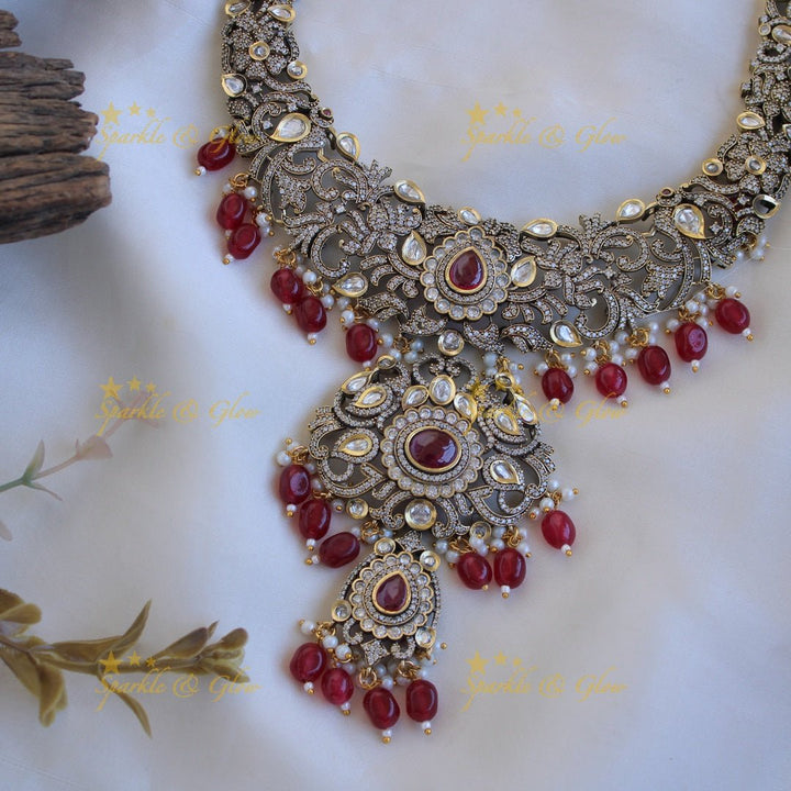 Grand intricate Floral peacock design Victorian AD long necklace with baby pink beads and stones - Sparkle and Glow - Maroon - Back Thread