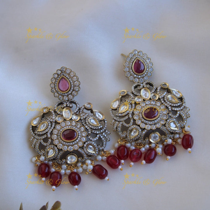 Grand intricate Floral peacock design Victorian AD long necklace with baby pink beads and stones - Sparkle and Glow - Maroon - Back Thread
