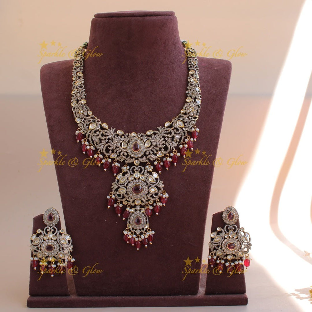 Grand intricate Floral peacock design Victorian AD long necklace with baby pink beads and stones - Sparkle and Glow - Babypink - Back Thread