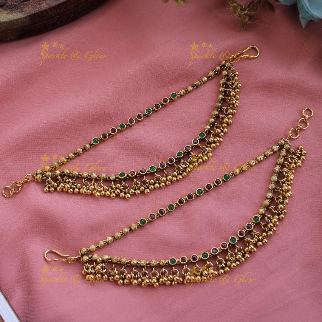 Gold alike Simple elegant small ball design with Green Red stone earchain with gold beads - Sparkle and Glow