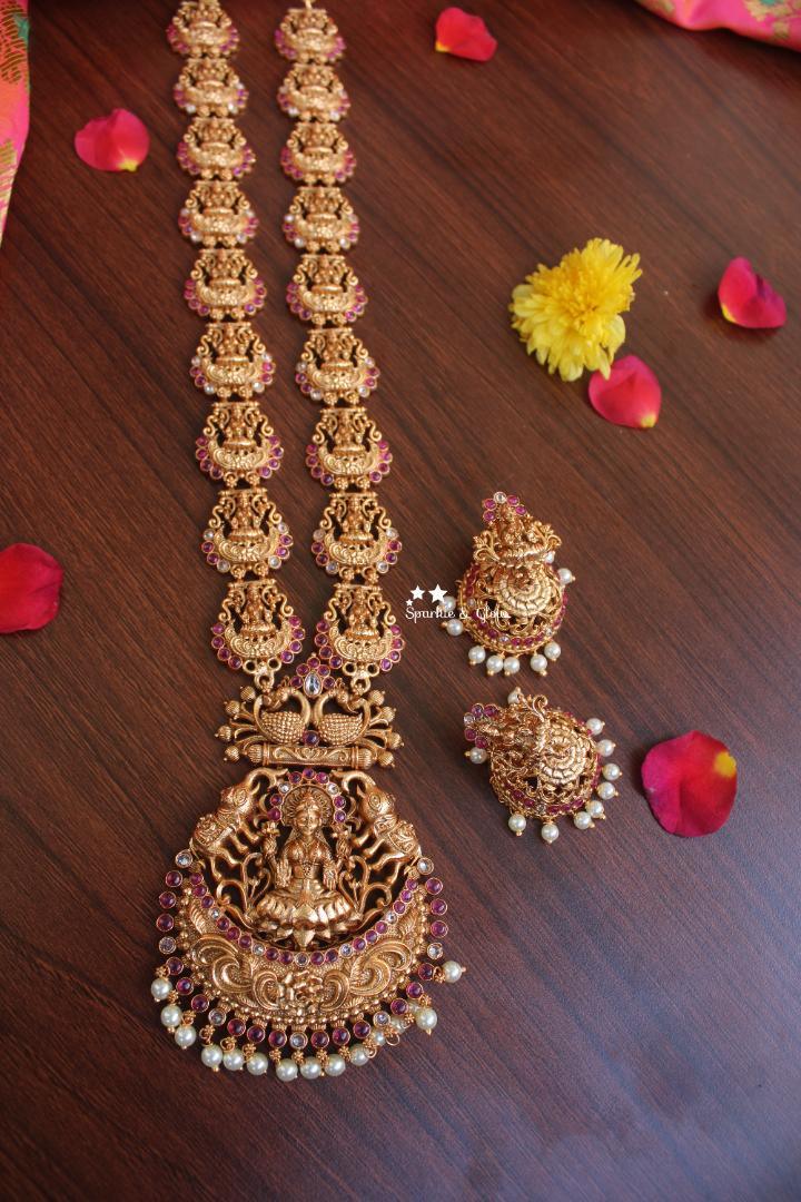 Real kemp stones premium quality matte elegant lakshmi haram - Pink Gold - Sparkle and Glow