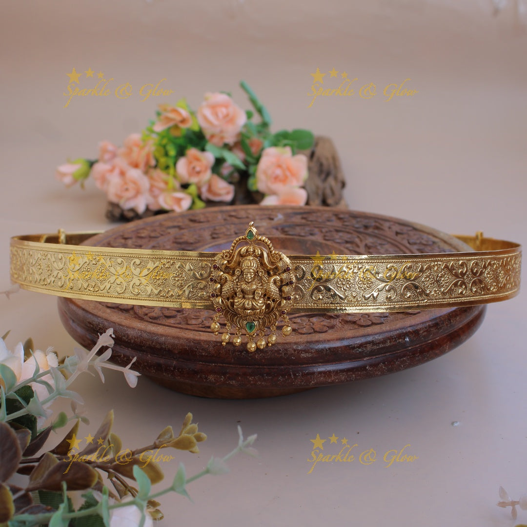 Elegant Lakshmi peacock carved pendant style hipbelt with gold beads