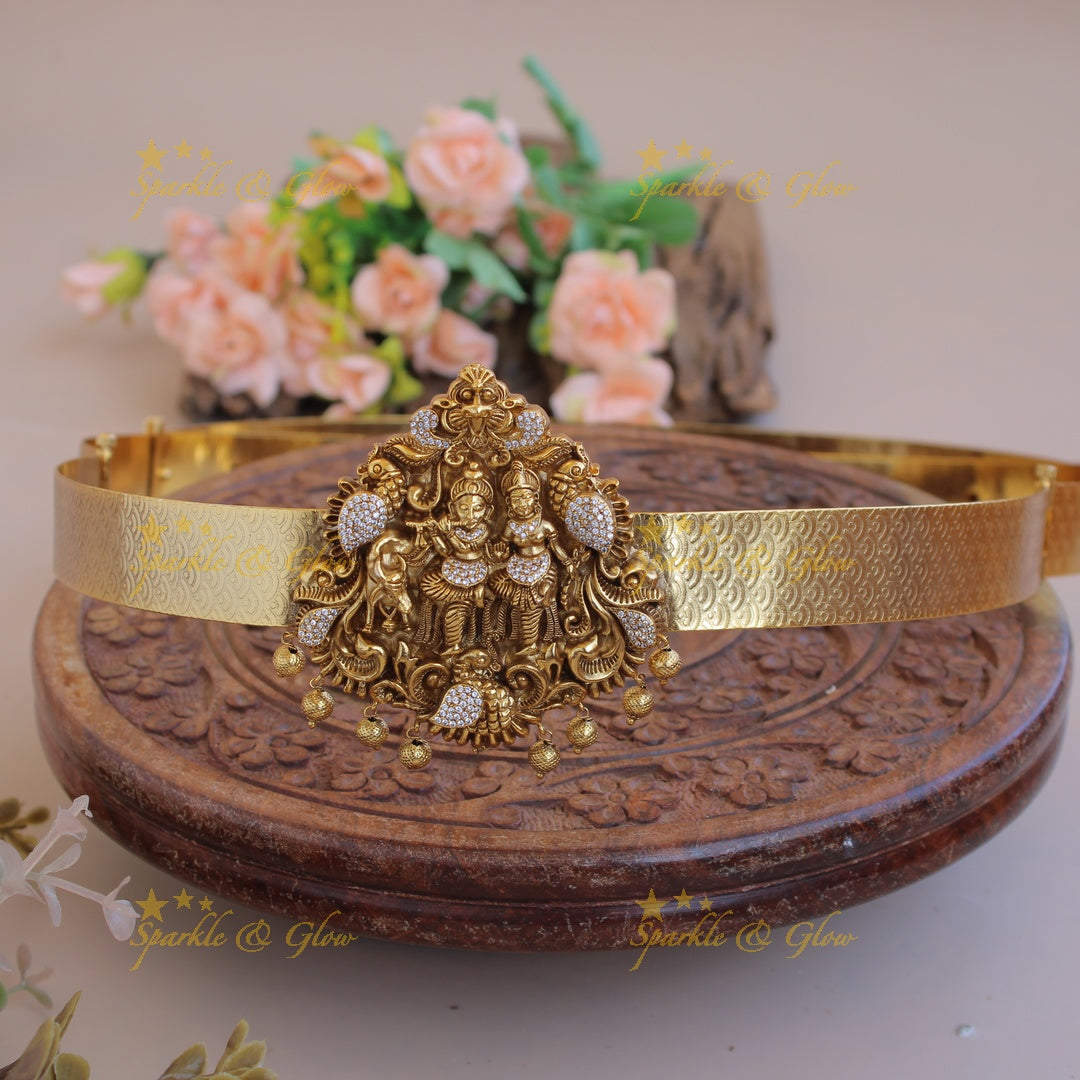 Gorgeous Radha Krishna carved pendant style hipbelt with CZ stones and gold beads