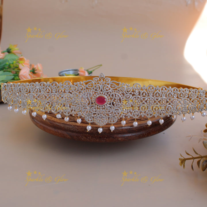 Sparkling Floral leaf design american diamond hipbelt with emerald and pearl drops