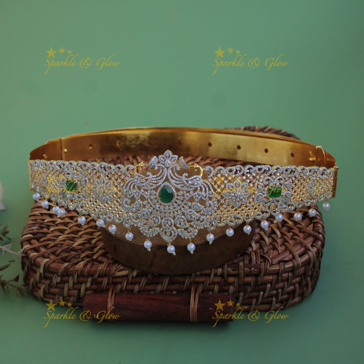 Gorgeous Peacock Floral design american diamond hipbelt with emerald and pearl drops