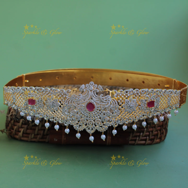 Gorgeous Peacock Floral design american diamond hipbelt with emerald and pearl drops