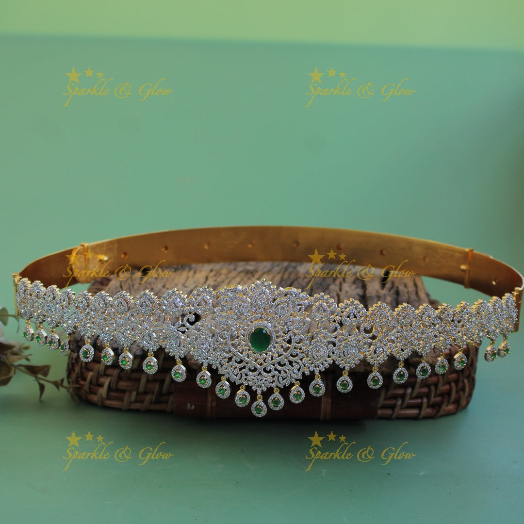 Grand Floral leaf design american diamond hipbelt with emerald and water drops