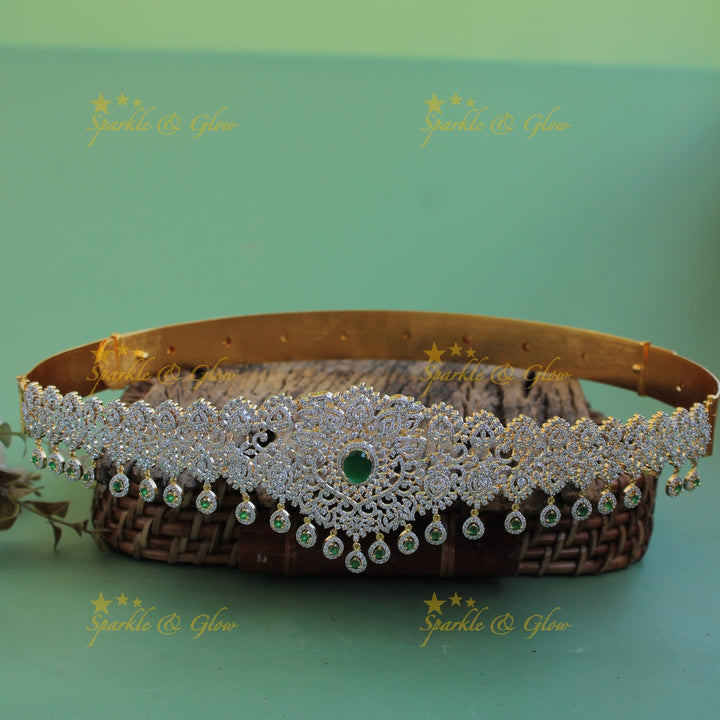 Grand Floral leaf design american diamond hipbelt with emerald and water drops