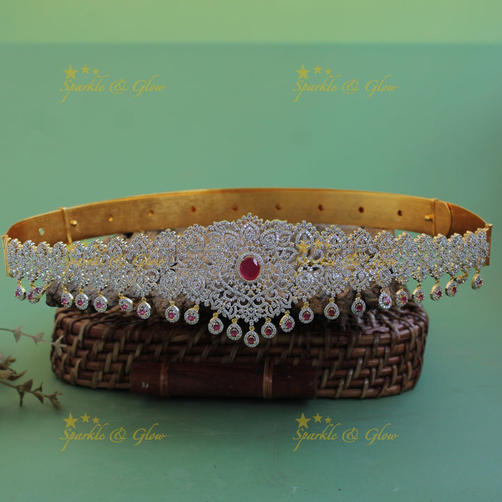 Grand Floral leaf design american diamond hipbelt with emerald and water drops