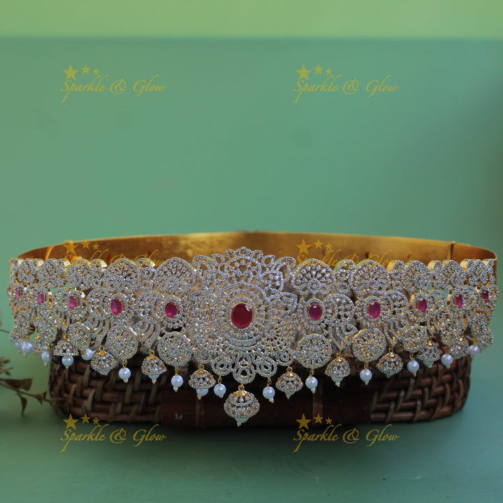 Sparkling Floral design american diamond hipbelt with ruby pearl and jhumuka drops