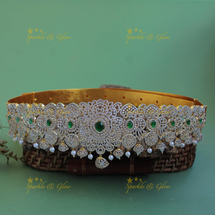 Sparkling Floral design american diamond hipbelt with ruby pearl and jhumuka drops