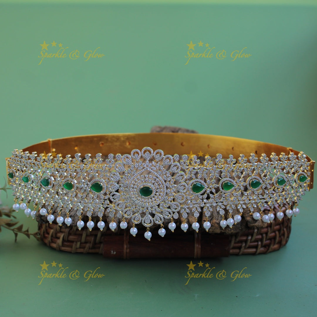 Glittering Floral design American diamond hipbelt with ruby and pearl drops