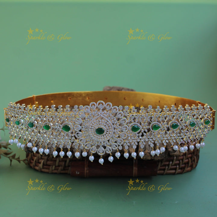 Glittering Floral design American diamond hipbelt with ruby and pearl drops