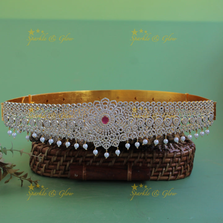 Statement Floral unique design american diamond hipbelt with ruby and pearl drops