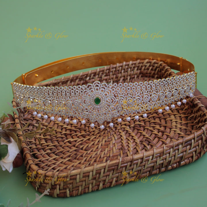 Statement Floral unique design american diamond hipbelt with ruby and pearl drops