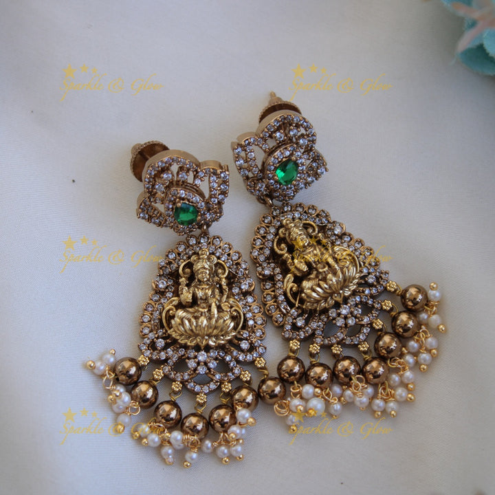 Gorgeous Lakshmi peacock floral design dual tone victorian AD short necklace with pearls and  green beads