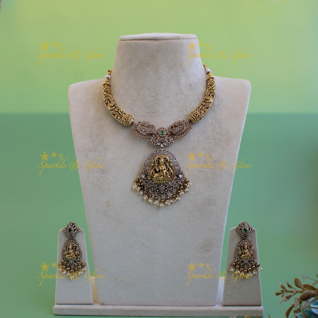 Gorgeous Lakshmi peacock floral design dual tone victorian AD short necklace with pearls and  green beads