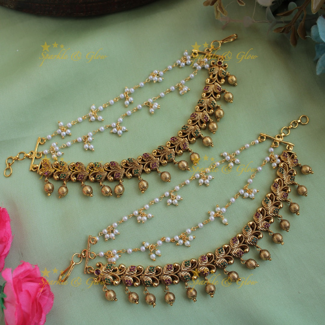 Elegant Gold alike AD Stone leaf design earchain with gold  beads