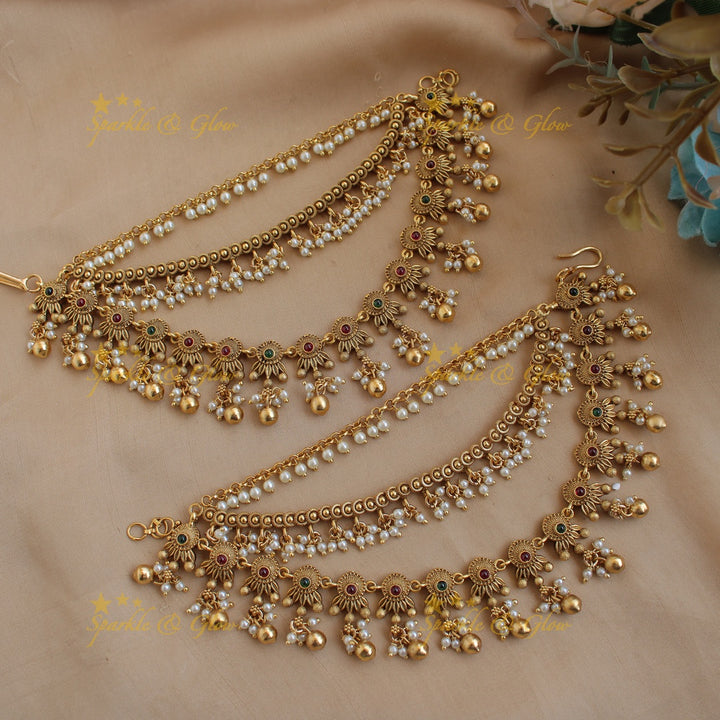 Exclusive Gold alike floral design earchain with gold-pearl beads- Red