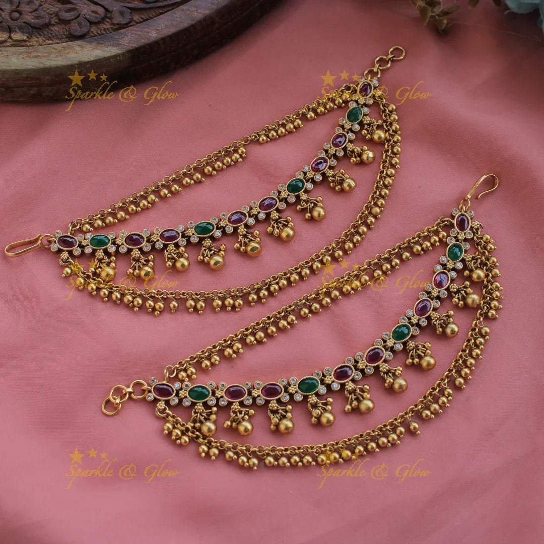 Gorgeous Gold alike Multi colour kemp stone earchain with pearl beads - Sparkle and Glow
