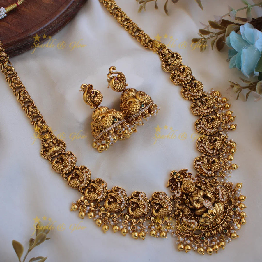 Gorgeous Lakshmi peacock carved long necklace with CZ stones pearls and gold beads - Sparkle and Glow