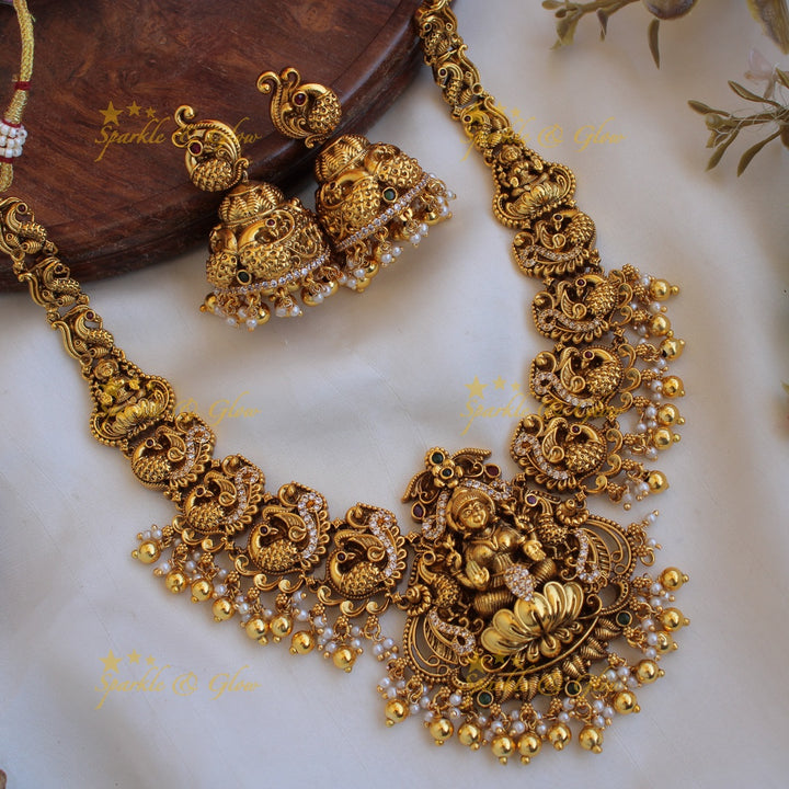 Gold alike Lakshmi peacock carved short necklace with CZ stones pearls and gold beads