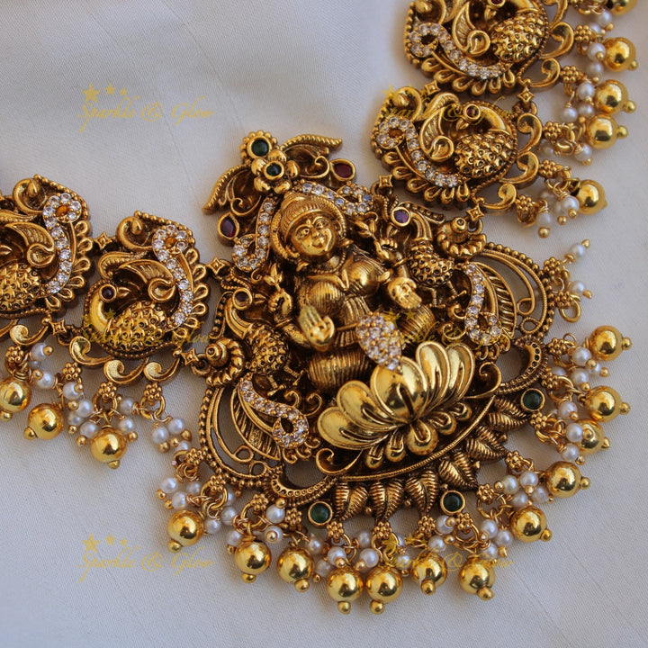 Gold alike Lakshmi peacock carved short necklace with CZ stones pearls and gold beads