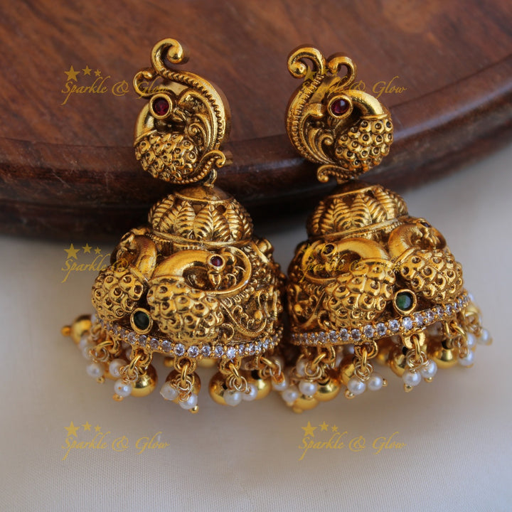 Gold alike Lakshmi peacock carved short necklace with CZ stones pearls and gold beads