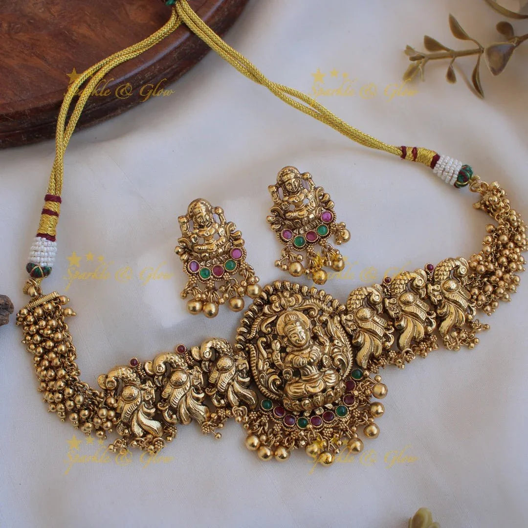 Lakshmi peacock carved gold alike choker with ruby emerald and gold cluster beads - Sparkle and Glow
