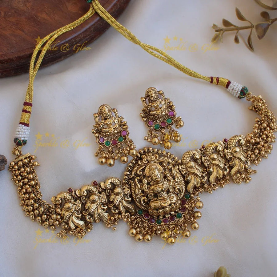 Lakshmi peacock carved gold alike choker with ruby emerald and gold cluster beads - Sparkle and Glow