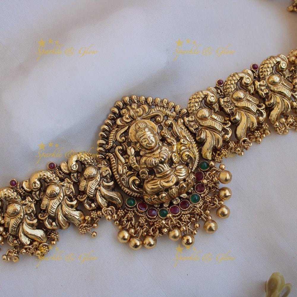 Lakshmi peacock carved gold alike choker with ruby emerald and gold cluster beads - Sparkle and Glow