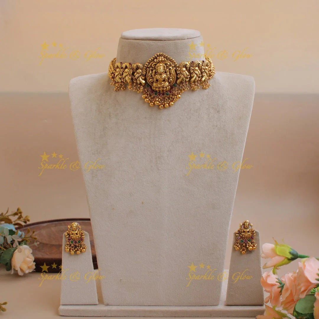 Lakshmi peacock carved gold alike choker with ruby emerald and gold cluster beads - Sparkle and Glow