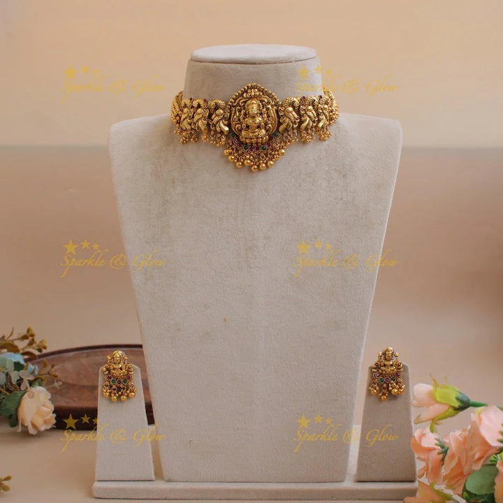 Lakshmi peacock carved gold alike choker with ruby emerald and gold cluster beads - Sparkle and Glow
