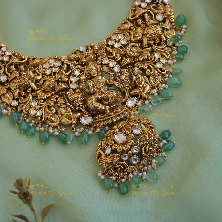 Exclusive Lakshmi elephant peacock carved jadau short necklace with mint green beads
