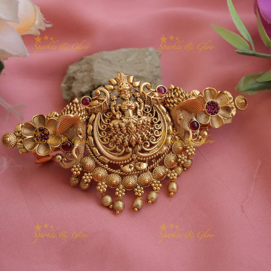 Exclusive Gold alike lakshmi Elephant Hair Clip with Gold beads-Pink - Sparkle and Glow