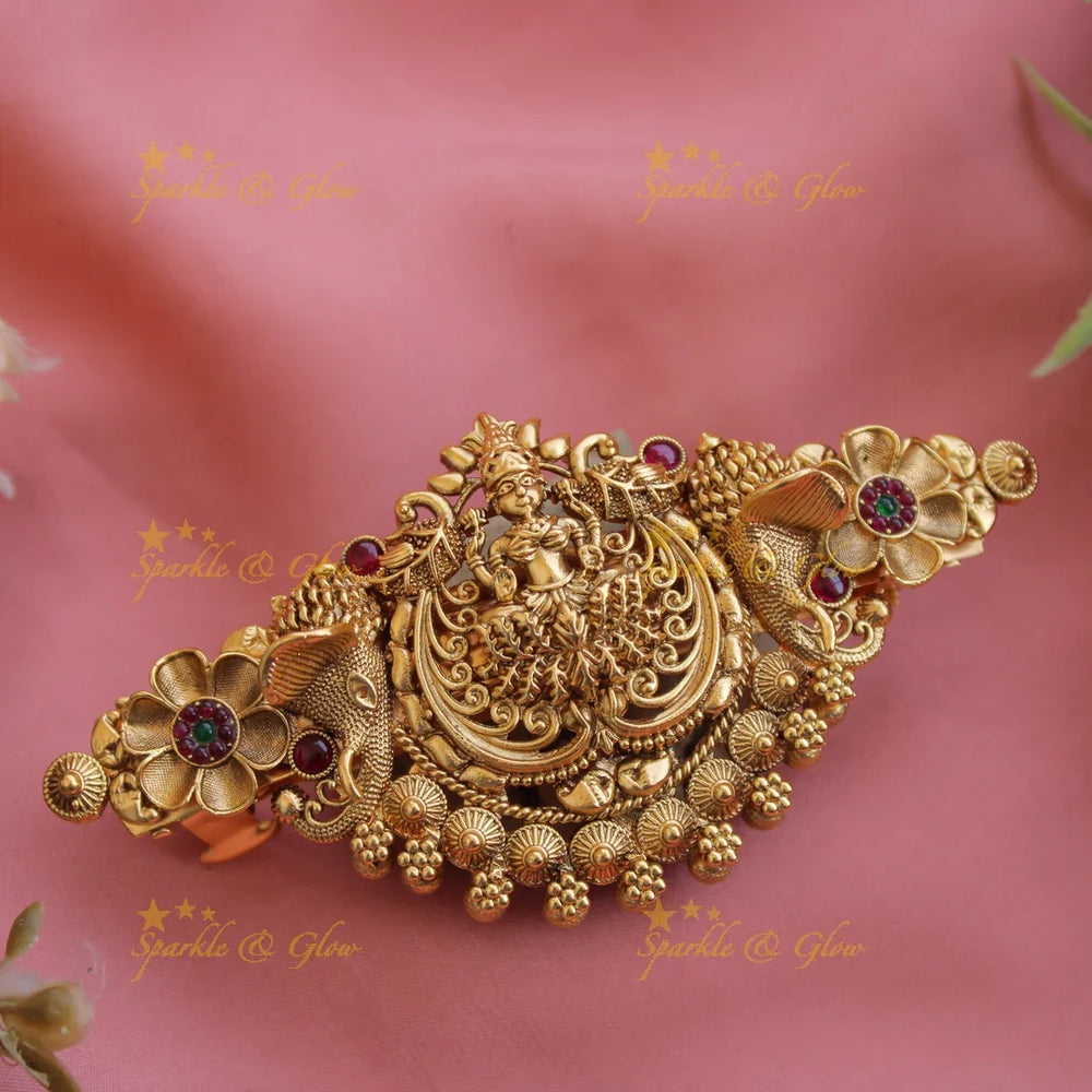 Exclusive Gold alike lakshmi Elephant Hair Clip with Gold beads-Pink - Sparkle and Glow