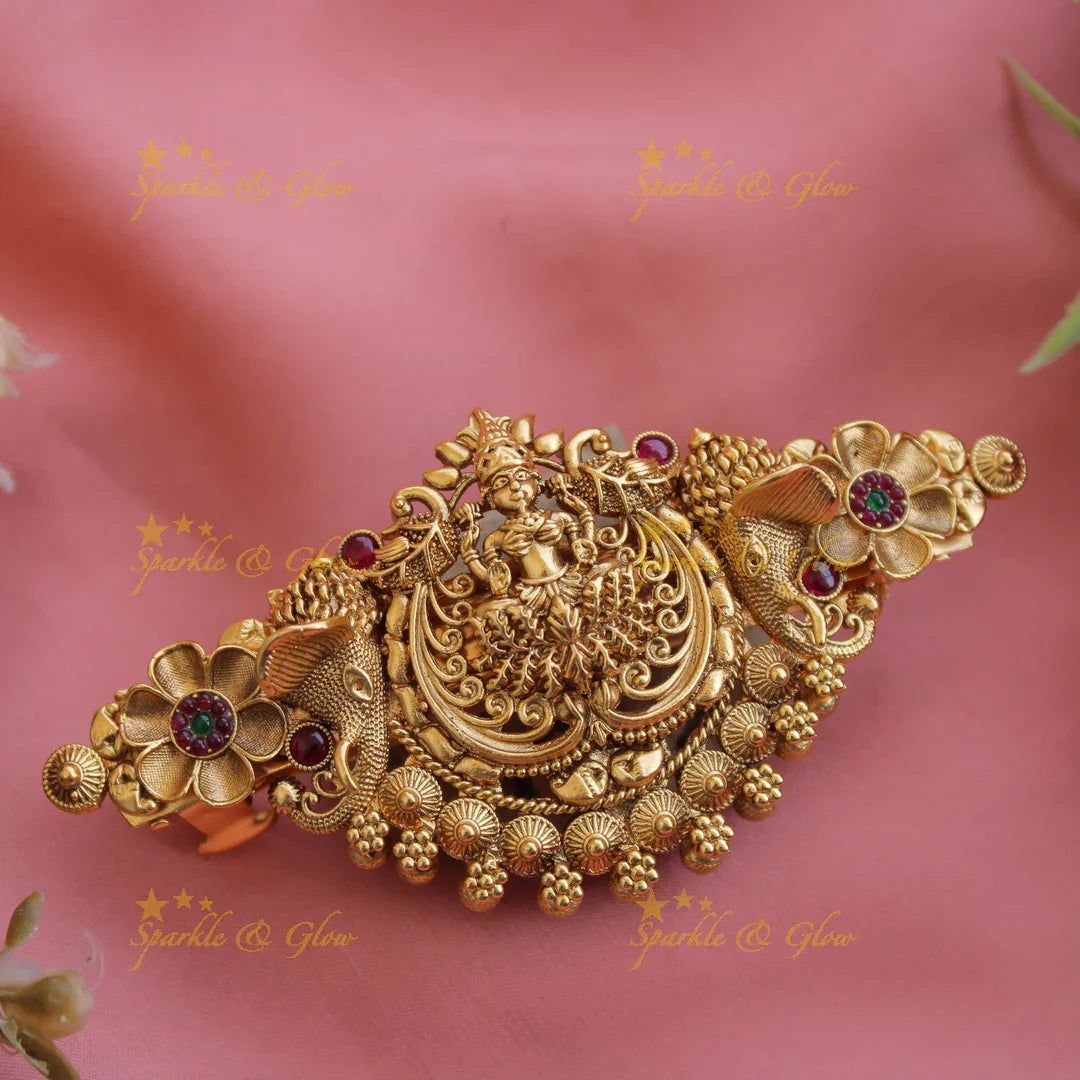 Exclusive Gold alike lakshmi Elephant Hair Clip with Gold beads-Pink - Sparkle and Glow
