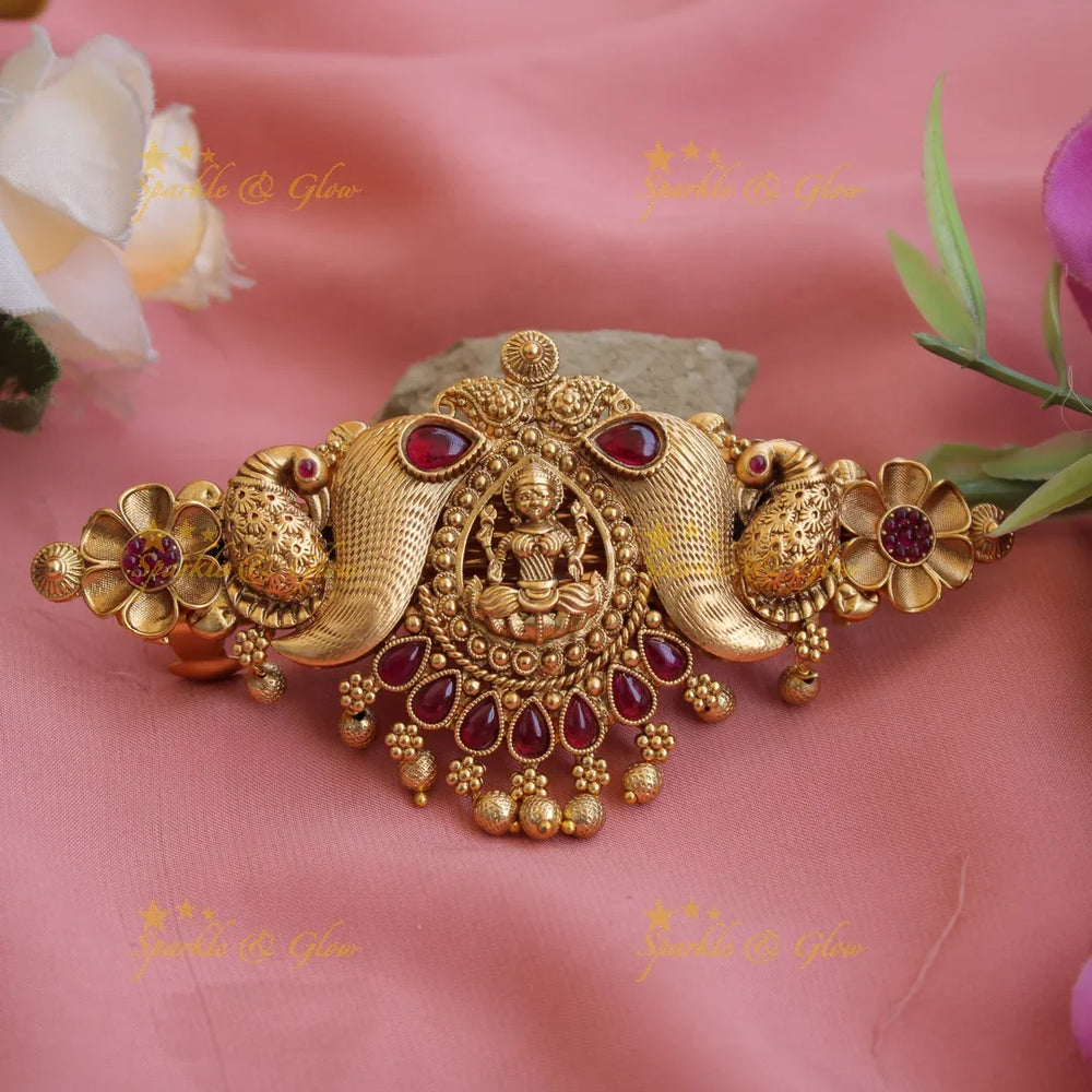 Exclusive Gold alike lakshmi Peacock Hair Clip with Gold beads-Pink - Sparkle and Glow