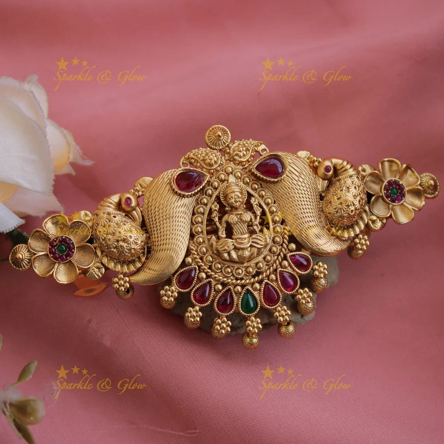 Exclusive Gold alike lakshmi Peacock Hair Clip with Gold beads-Pink - Sparkle and Glow