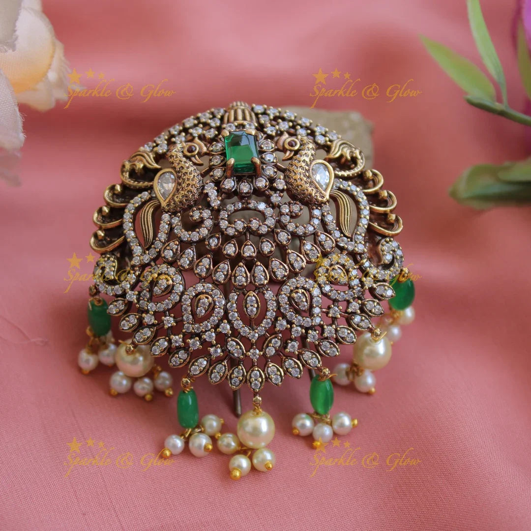 Simple Victorian Peacock with floral design hair pin-Green - Sparkle and Glow