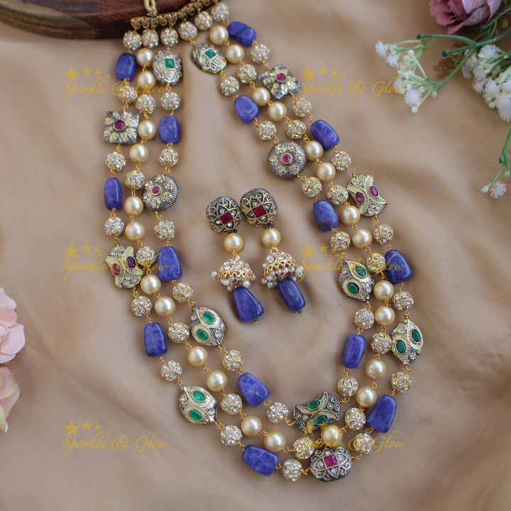 Gorgeous three layer Victorian AD haram with pearls and beads - Blue