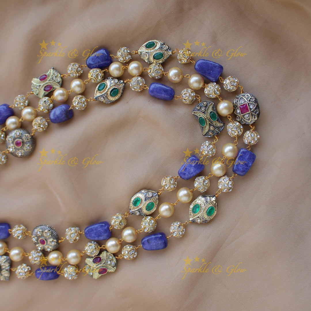 Gorgeous three layer Victorian AD haram with pearls and beads - purple