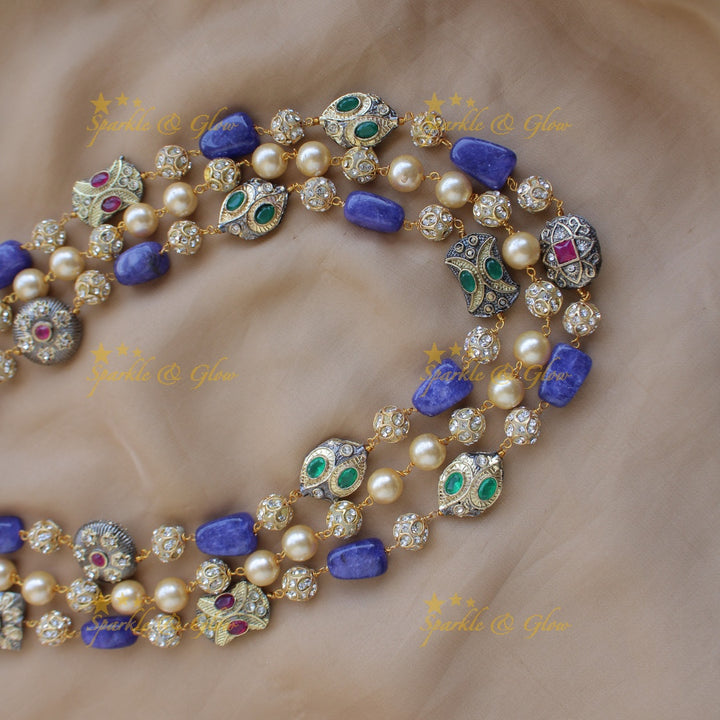 Gorgeous three layer Victorian AD haram with pearls and beads - purple