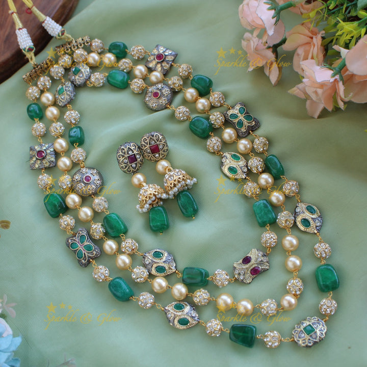Gorgeous three layer Victorian AD haram with pearls and beads - yellow