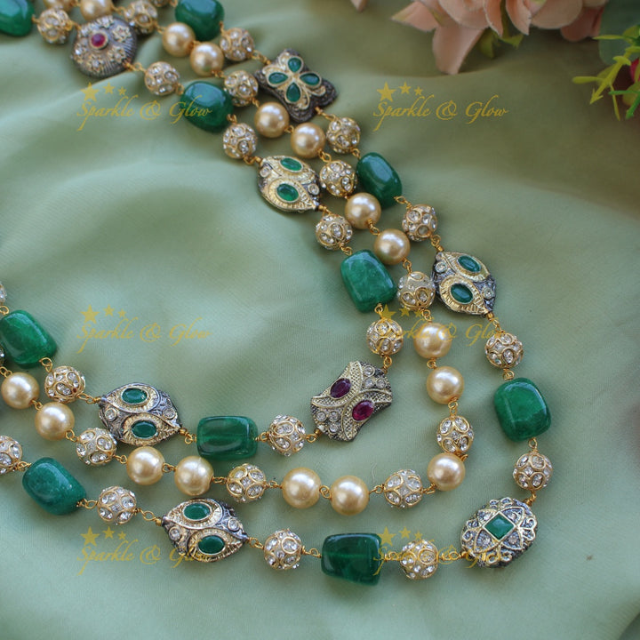 Gorgeous three layer Victorian AD haram with pearls and beads - green